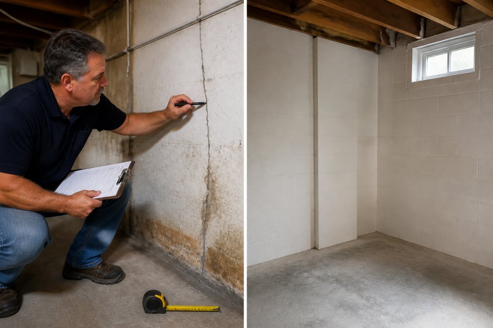 Professional home inspector examining foundation cracks and water damage on basement wall with measuring tools and clipboard, natural basement lighting