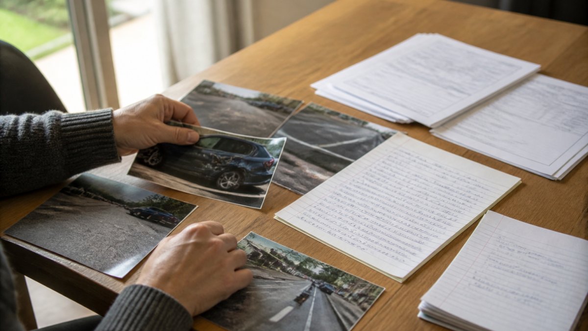 Person's hands arranging accident scene photographs, medical records, and handwritten witness statements on a table in natural window lighting
