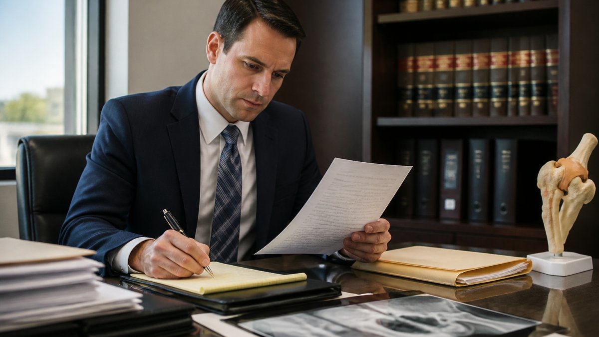 Professional reviewing medical documents to calculate personal injury settlements at a desk
