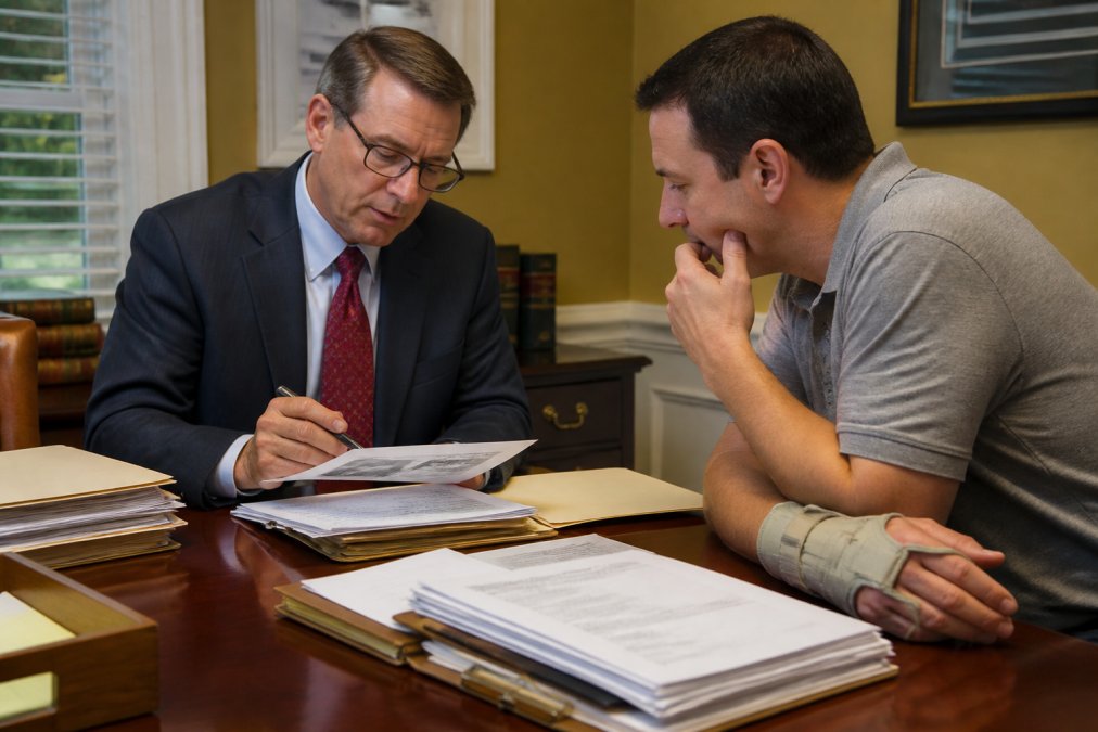 Attorney reviewing medical records with a client to discuss truck accident settlements in a law office.