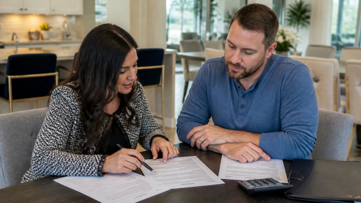 A homebuyer and a real estate agent sitting at a kitchen table reviewing a printed offer worksheet and contract pages, pen and calculator nearby, model home sales office visible in the background