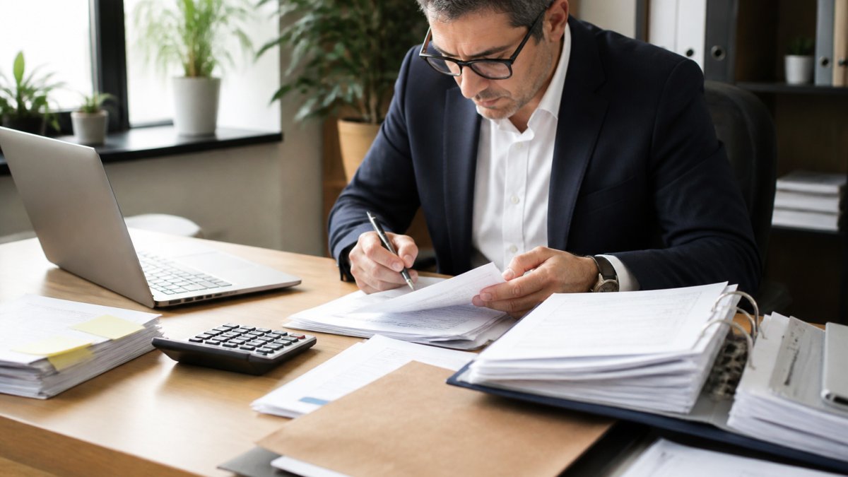 Professional reviewing financial documents while negotiating business purchase agreements at a sunlit office desk