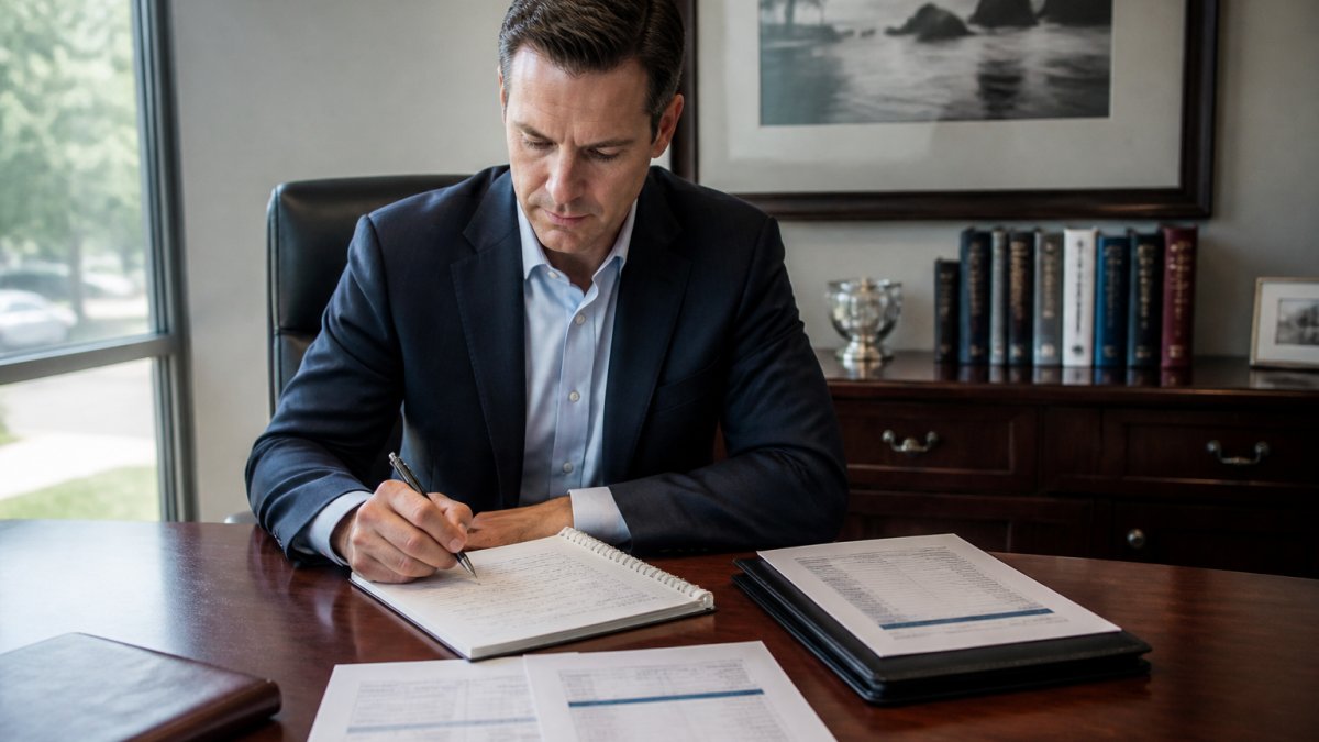 Financial advisor preparing notes for a broker-dealer compensation meeting in a sunlit office.