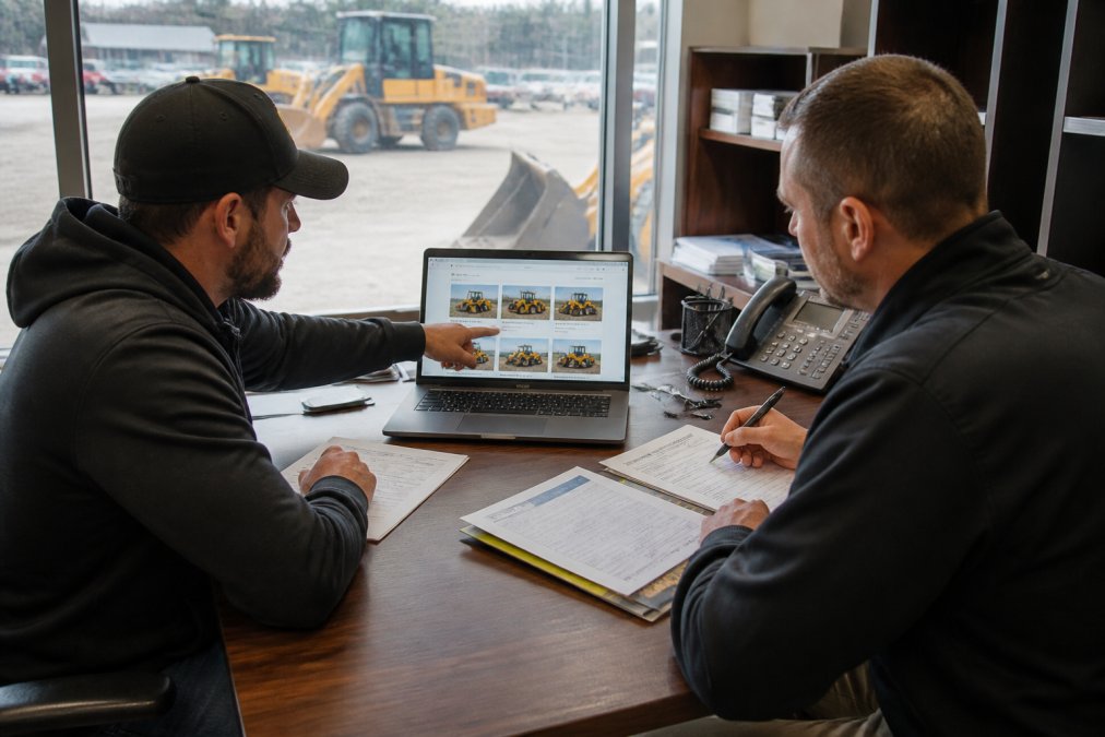 Two business professionals in work attire reviewing paperwork and pointing at a laptop screen showing equipment listings, inside a dealership office with machinery visible through the window
