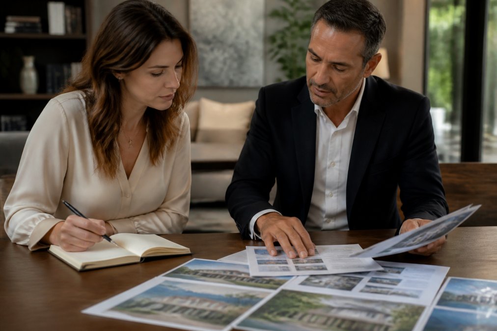 A real estate agent and buyer reviewing property documents and comparable sales analysis on a desk in a professional office setting, with the buyer taking notes and studying market data