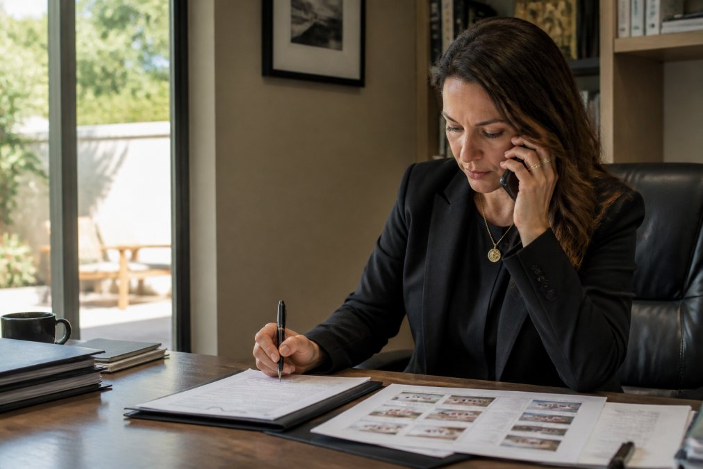 A buyer's agent on a phone call in a home office, with purchase agreement and comparable sales data visible on the desk, strategizing the next counter-offer