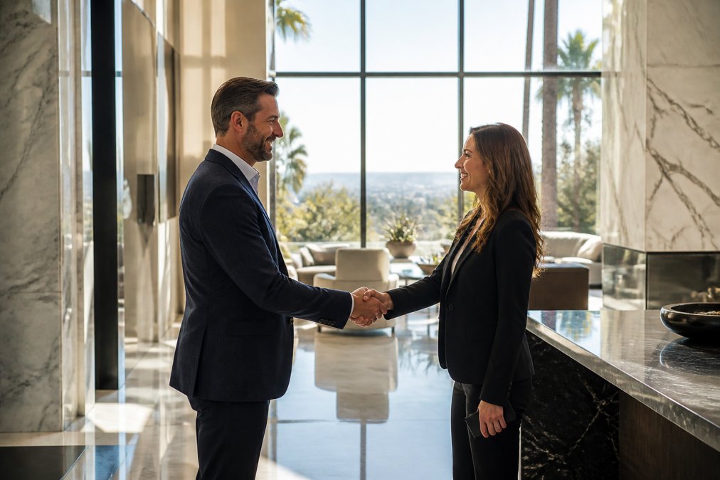 Two real estate professionals shaking hands in a luxury home foyer with floor-to-ceiling windows, high-end marble finishes, and elegant furnishings visible in the soft natural light