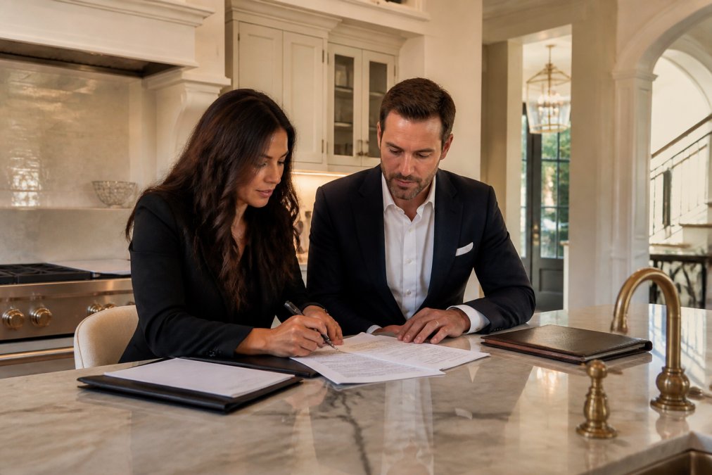 A buyer and agent reviewing contract documents and taking detailed notes at a modern kitchen island in a high-end home, with crown molding, premium appliances, and architectural details visible in warm afternoon light