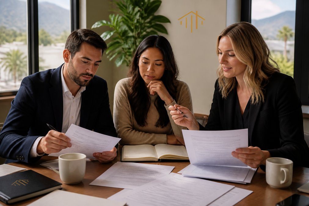 Real estate agent and buyers reviewing multiple purchase agreements and offer documents at a desk with coffee, professional office setting with natural light from windows