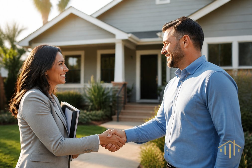 Buyer and listing agent shaking hands in front of a home after successful negotiation, warm afternoon lighting, professional attire