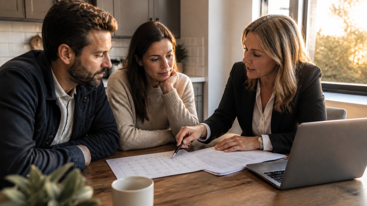 A real estate agent and a couple sitting at a kitchen table reviewing a printed calendar and contract pages, laptop open nearby, warm natural light through the window
