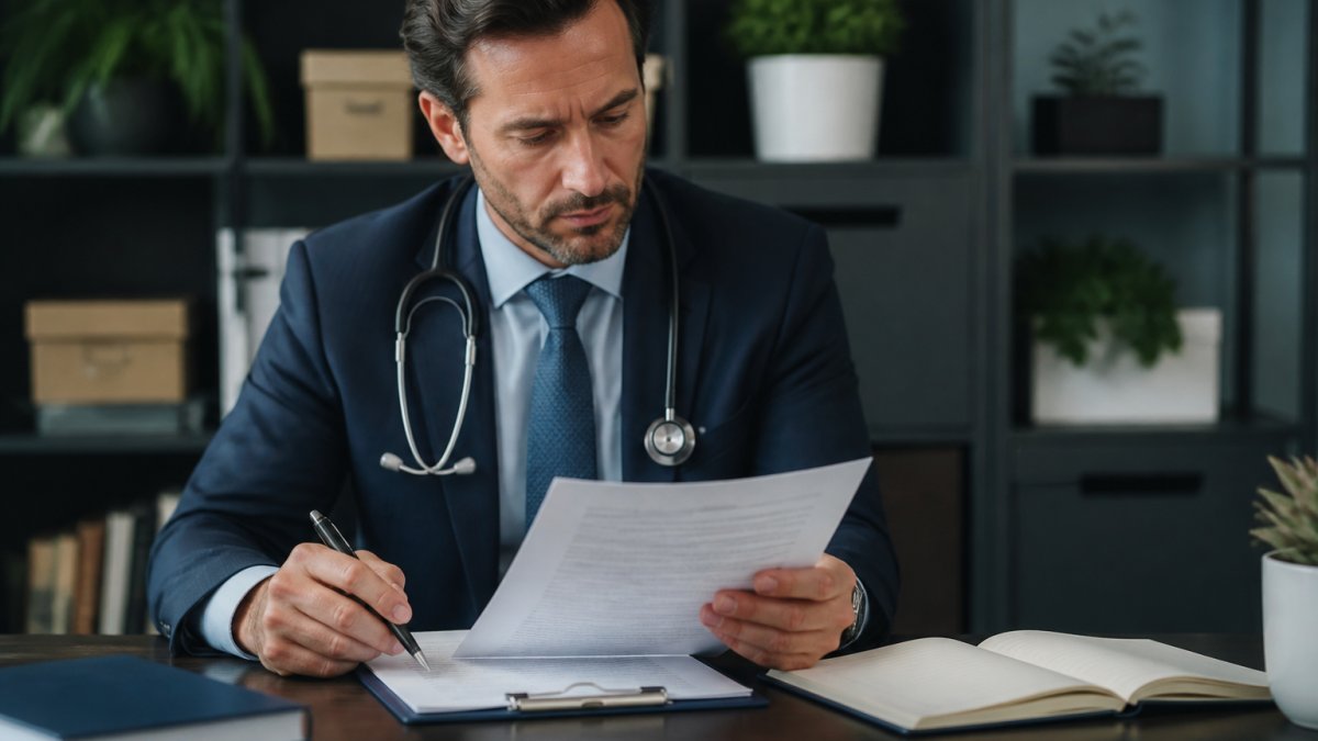 Professional physician in business attire reviewing contract documents at a desk with notepad and pen, appearing focused and prepared for negotiation discussions