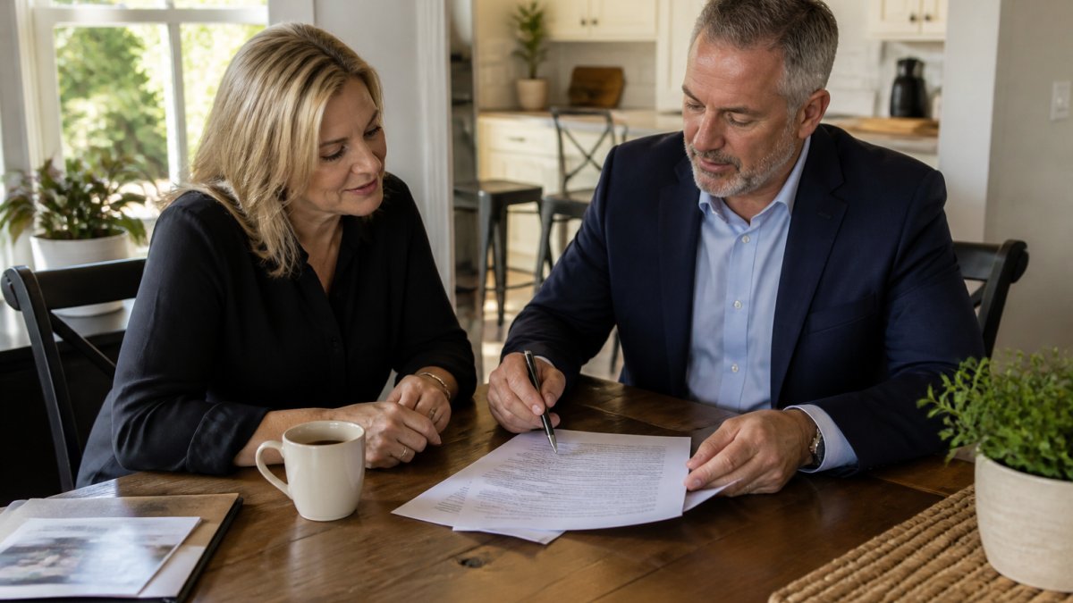 A real estate agent and a homeowner sitting across from each other at a kitchen table, reviewing a printed commission agreement with a pen in hand, warm natural light through the window