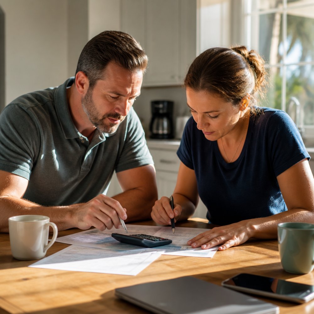 A couple reviewing a financial worksheet with a calculator and pen at a bright kitchen table, sunlight streaming through the window