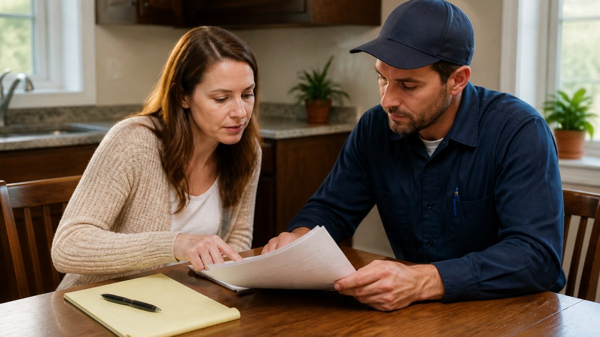 Infographic checklist for negotiating service contracts plumbing with a homeowner and contractor reviewing an estimate.