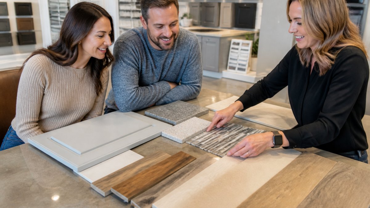 A couple reviewing flooring and cabinet samples with a design consultant at a builder design center, pointing at swatches laid out on a table