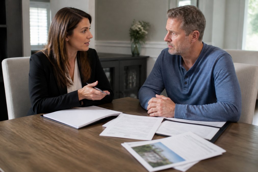 Professional homeowner sitting at dining table across from insurance adjuster during claim discussion, documents and notepad visible, natural office lighting