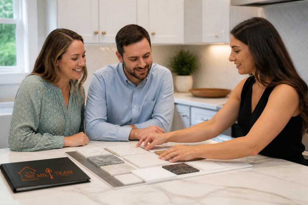 A couple reviewing a design center material board with a sales representative in a bright model home, discussing kitchen countertop options
