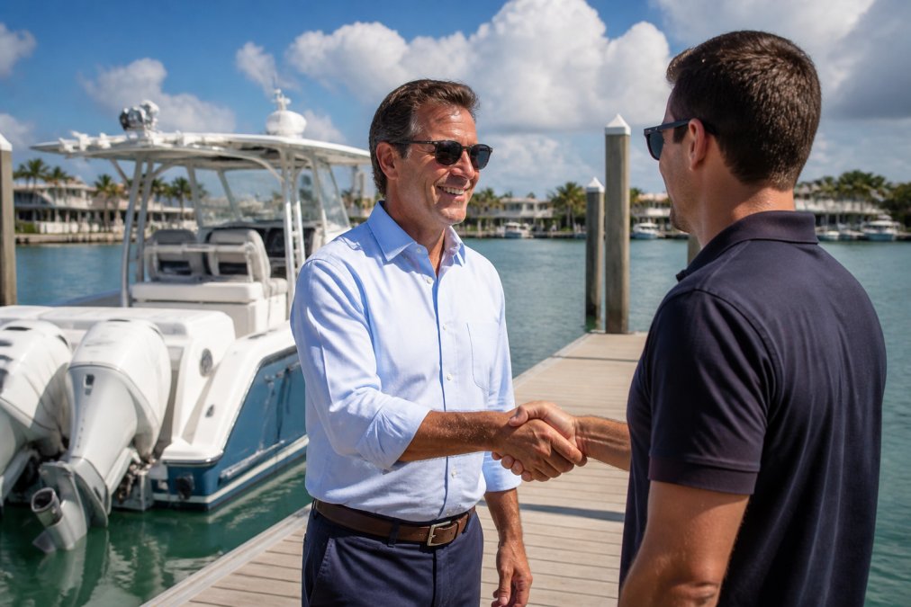 A professional yacht broker in a crisp shirt shaking hands with a buyer at a marina, with a premium center console yacht and water in the background under bright Florida sunlight