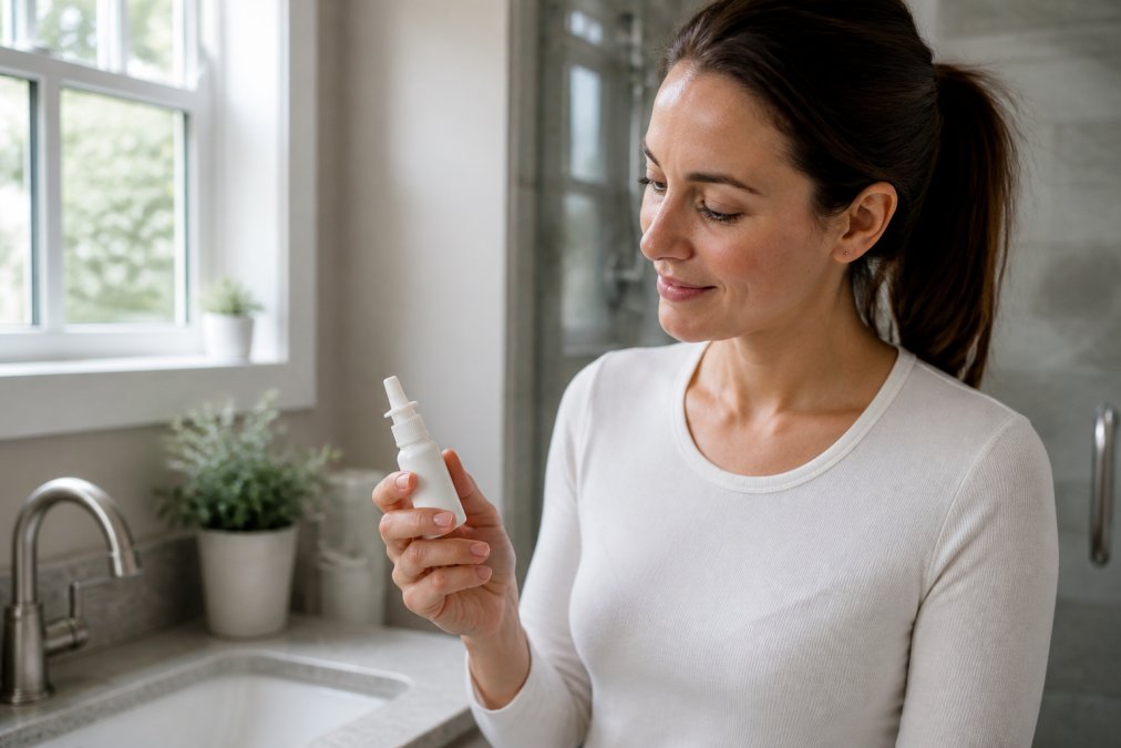 Person holding a nasal spray bottle in a bright bathroom, with clear view of the spray tip and bottle design, natural morning light streaming through window