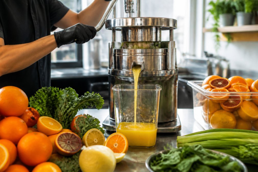 Close-up of fresh organic citrus fruits and leafy greens being pressed in a commercial hydraulic juice press, with bright golden-yellow juice flowing into a clear glass container under bright natural light