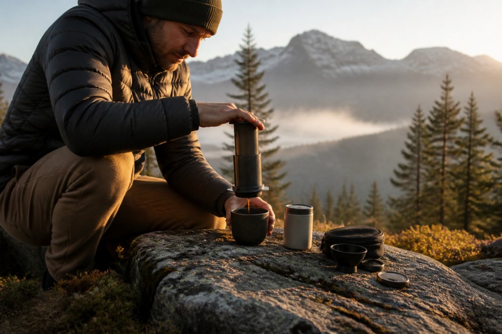 Hiker in forest clearing preparing coffee using portable AeroPress brewing method, steam rising from the cup, mountains visible in misty background, golden hour lighting