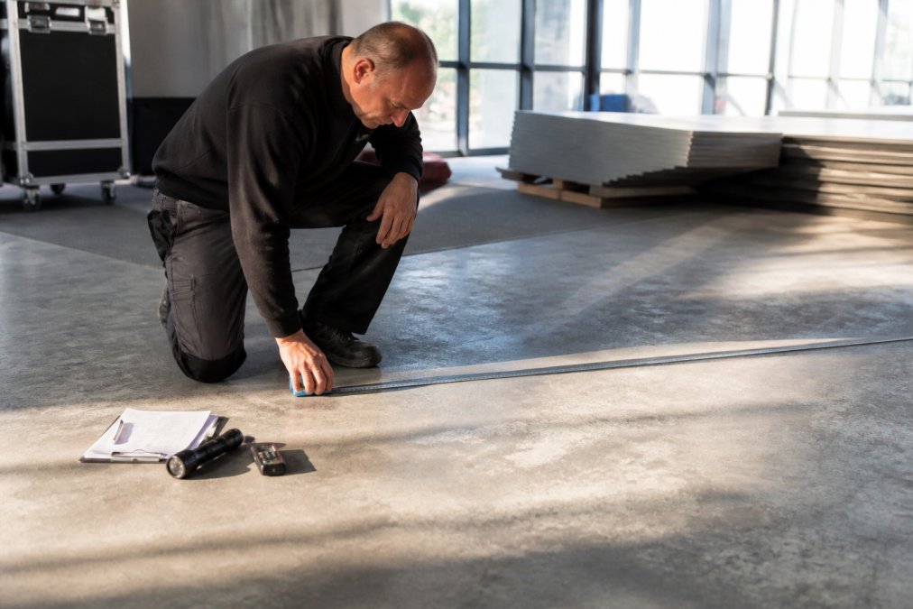 Professionel forberedelse af betonunderlag ved messestand med målestok og inspektionsmateriale, naturlig dagslys fra hallens vinduer