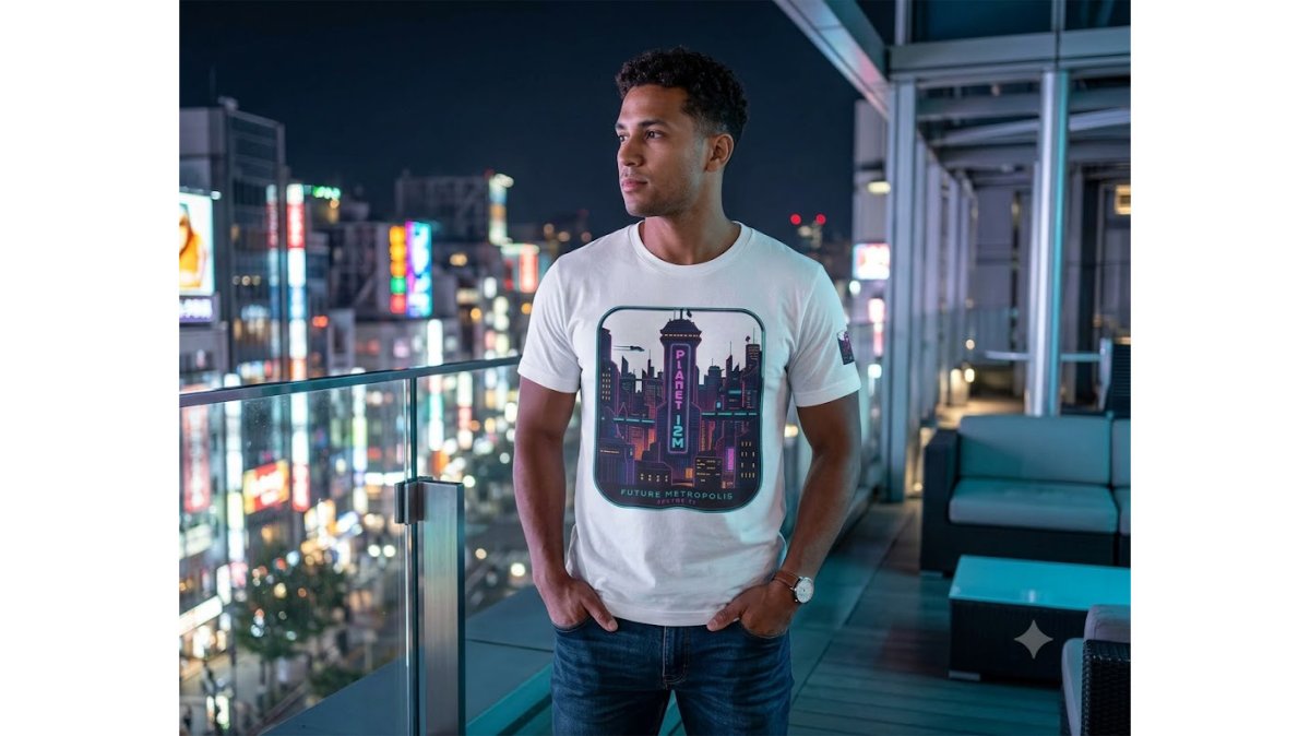Person wearing the Neon Cityscape Graphic Tee and IZM Logo Hoodie standing in an urban environment with neon city lights reflecting off wet pavement, showcasing the futuristic sci-fi aesthetic in natural evening lighting