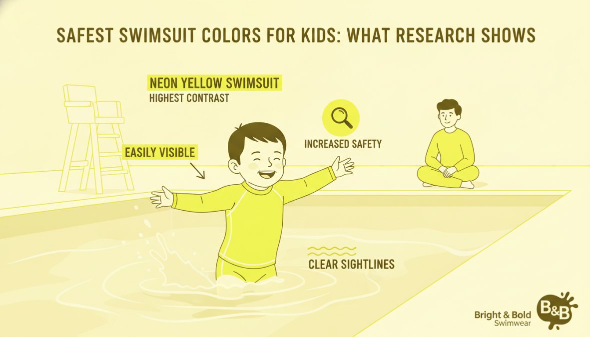 Toddler wearing bright neon yellow swimsuit playing in a clear pool, easily visible against the blue water with clear sightlines showing how the child stands out from other swimmers