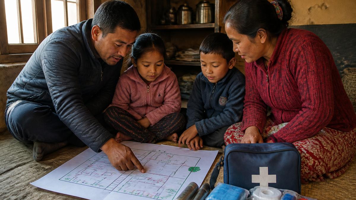 A Nepali family reviews an emergency plan and kit during disaster preparedness training in their home.