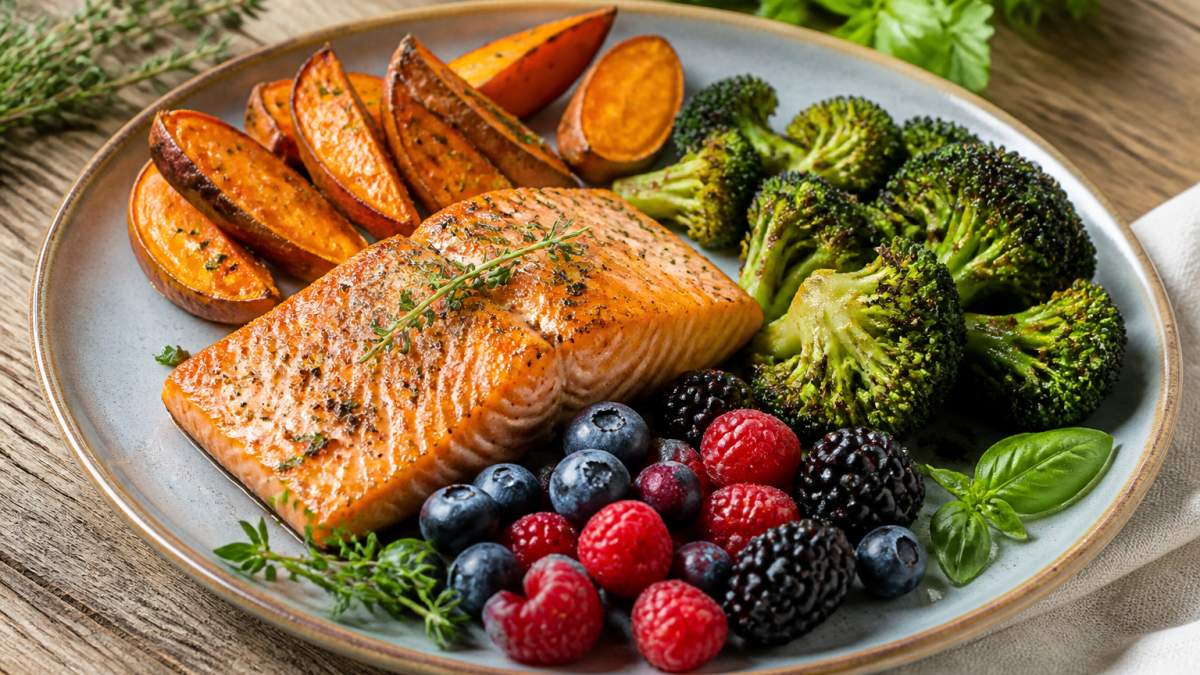 Colorful plate featuring grilled salmon fillet, roasted broccoli florets, sweet potato wedges, mixed fresh berries, and fresh herbs on a wooden table in natural daylight