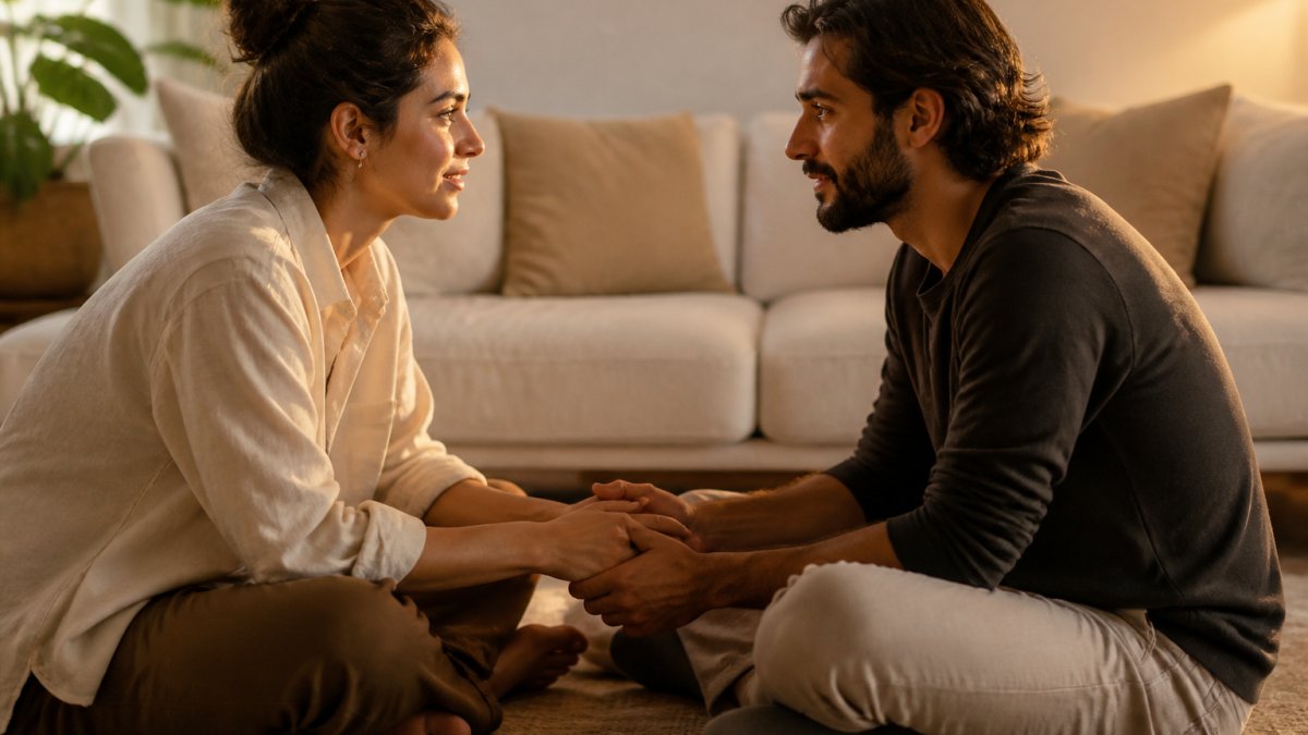 Couple maintaining calm eye contact to support nervous system dysregulation relationships during a conflict.