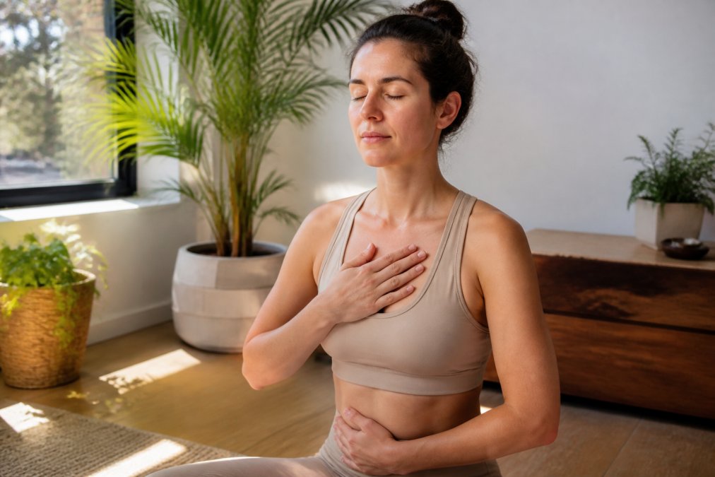 Woman sitting in a peaceful, well-lit room with soft natural light streaming through a window, practicing deep breathing with one hand on her chest and eyes closed, showing focused calm and mindfulness
