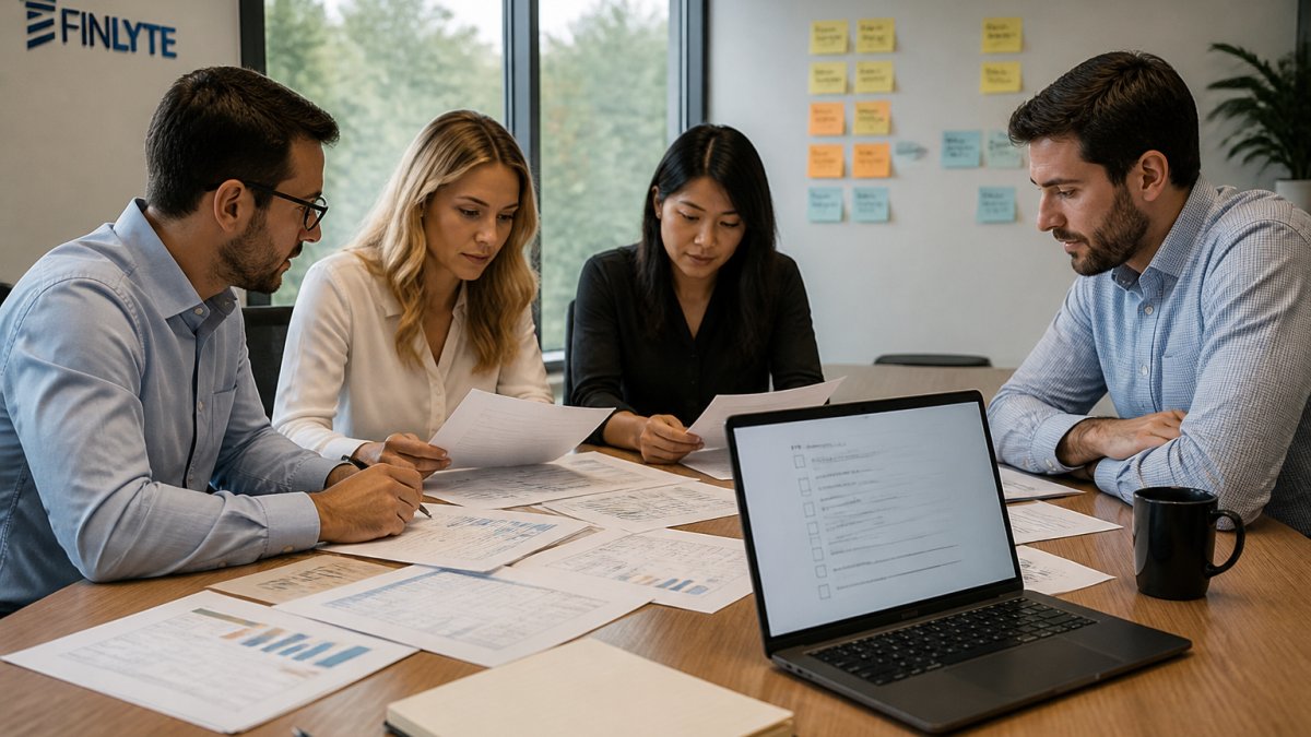 A finance team reviewing a NetSuite audit checklist and reports in a conference room with process sticky notes
