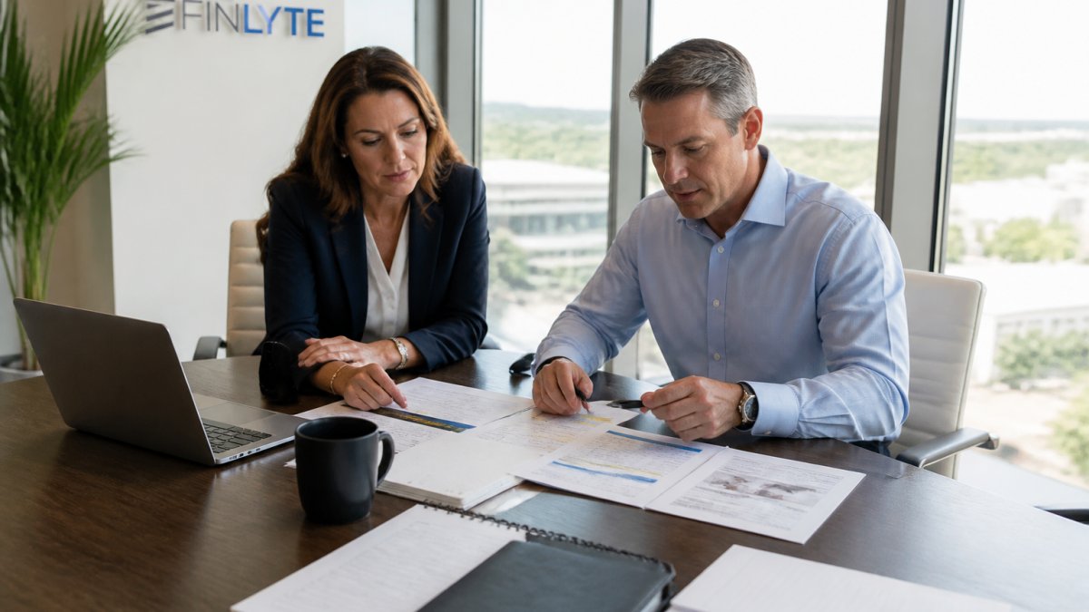 A finance director and controller reviewing consultant credentials and printed project timelines on a conference room table, laptop open to a case study, bright natural light from windows