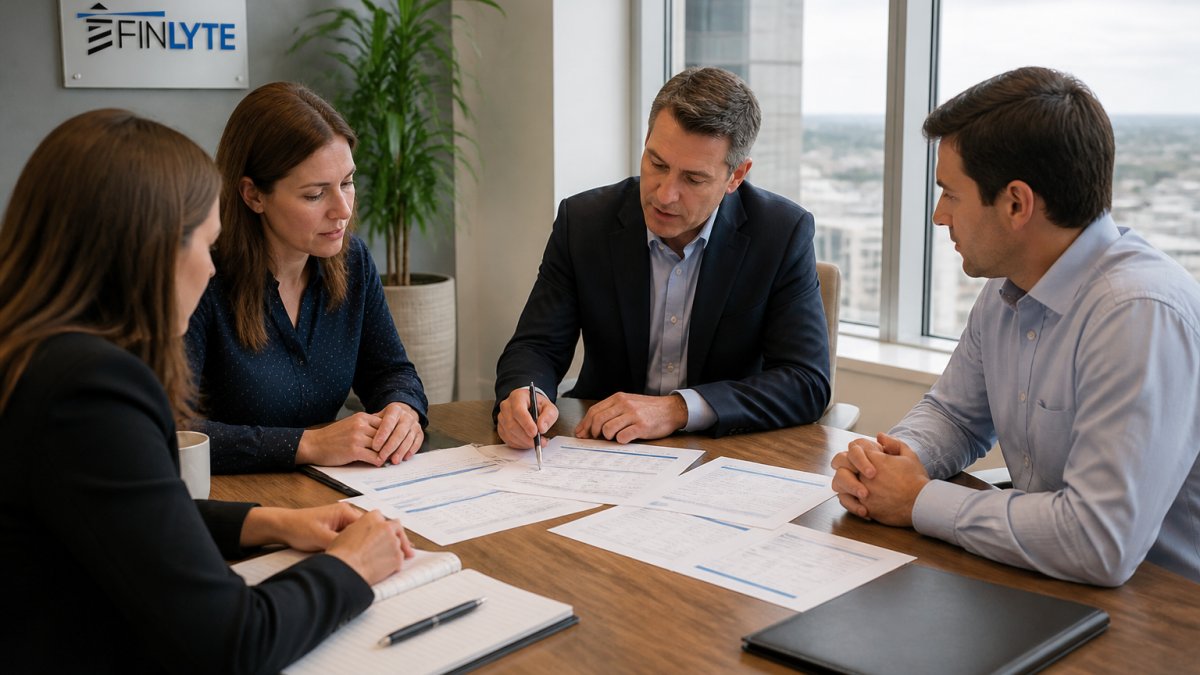 Finance team members in a conference room reviewing implementation strategy documents and discussing project timelines with a consultant, natural office lighting