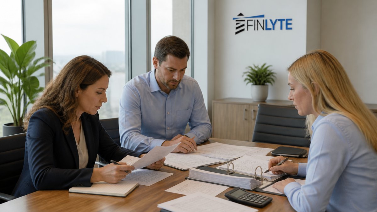 Finance team reviewing consolidated financial reports and approval workflows on multiple computer monitors in a professional office setting with natural window lighting