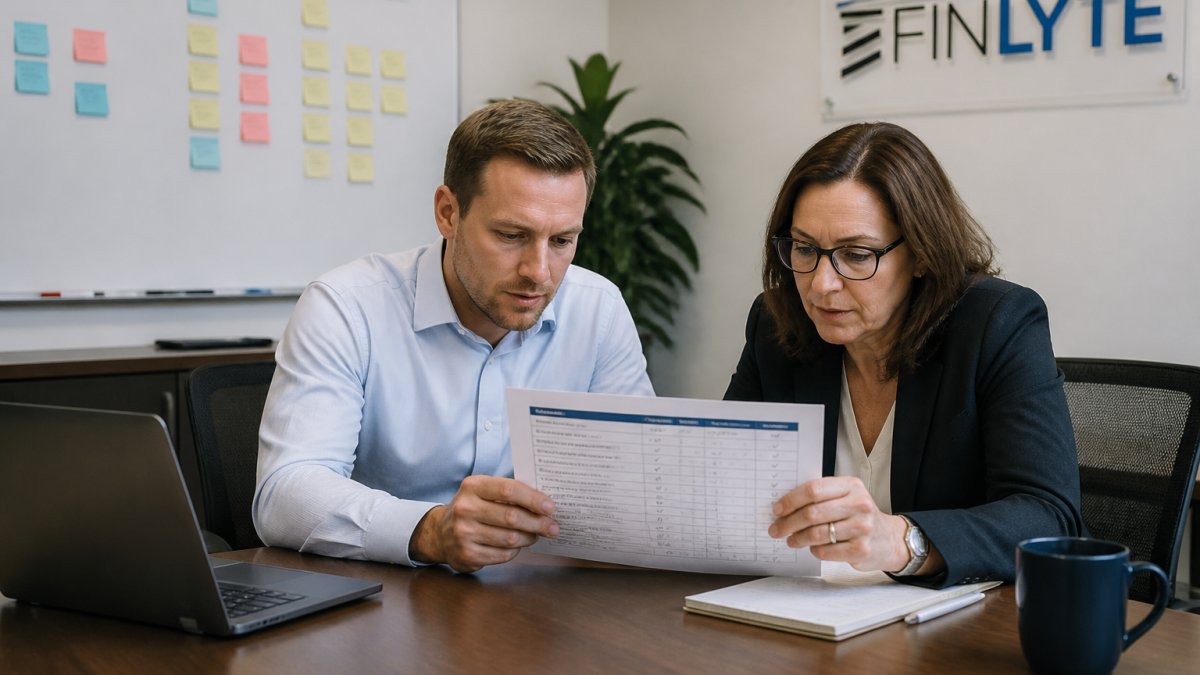 A project manager and a finance director reviewing a printed checklist at a conference table, laptop showing a project dashboard, sticky notes on a whiteboard behind them
