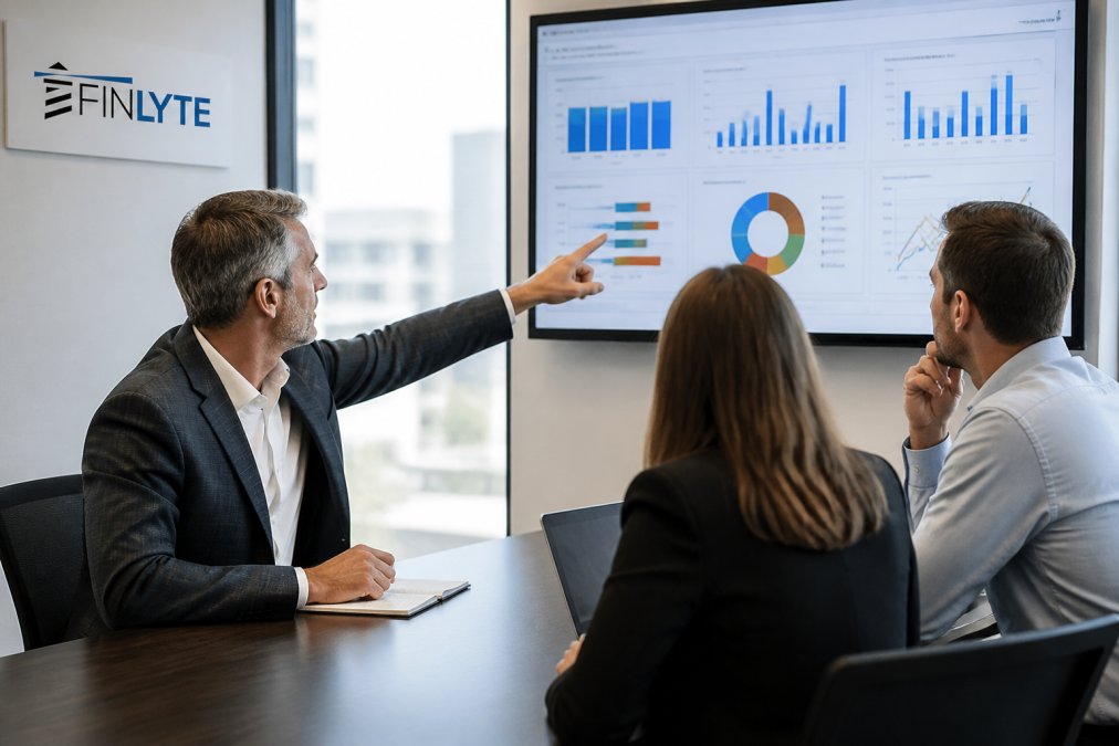 Finance team reviewing NetSuite reporting dashboards on a monitor during a strategy meeting
