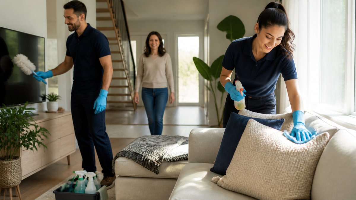 Une équipe de deux professionnels de l'entretien en tenue uniforme, époussetant et nettoyant un salon résidentiel lumineux avec des produits écologiques, propriétaire souriant en arrière-plan