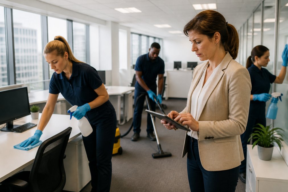 Une équipe de nettoyage professionnelle en uniforme désinfectant les surfaces d'un bureau moderne, avec un gestionnaire vérifiant une checklist sur une tablette