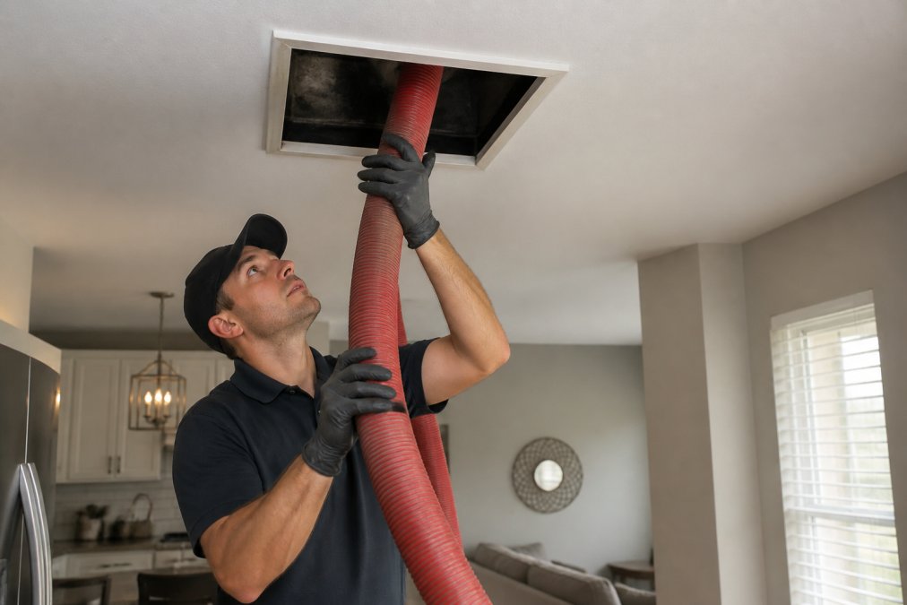Technicien en uniforme utilisant un équipement d'aspiration spécialisé pour nettoyer un conduit de ventilation résidentiel, boyau flexible et trappe d'accès ouverte dans le plafond, éclairage naturel