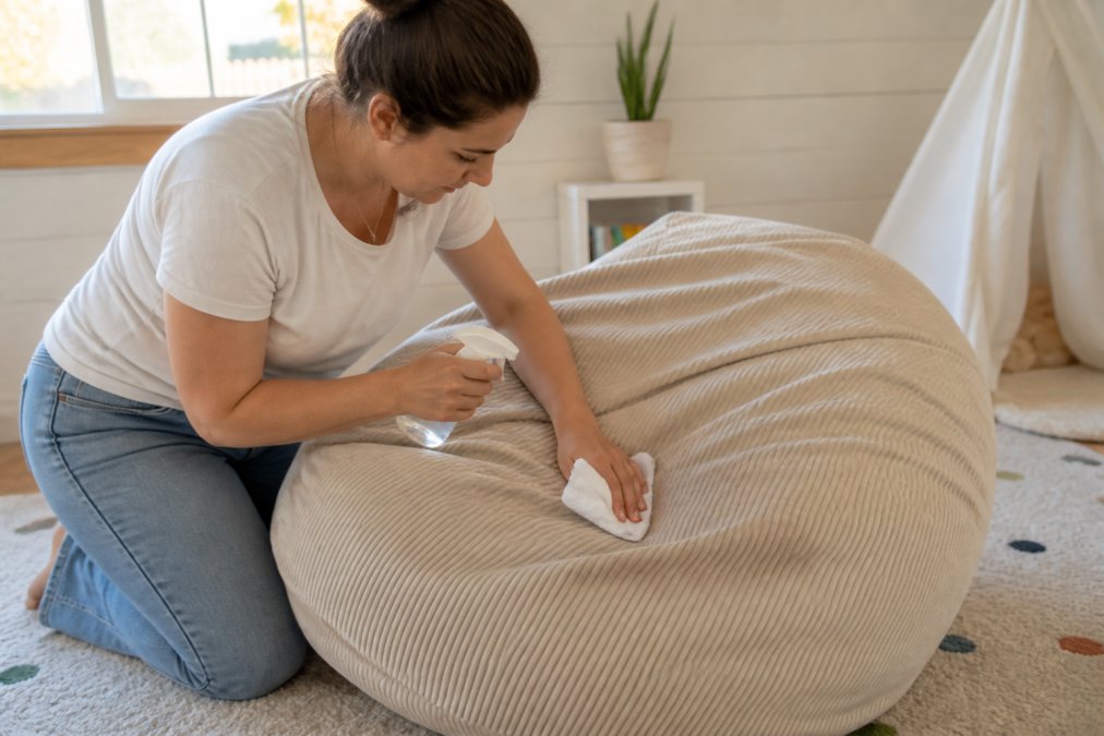 Parent applying a gentle cleaning solution to a pouf fabric with a soft white cloth, demonstrating careful pre-treatment technique on a child's beanbag in natural daylight