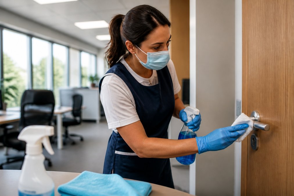 Une professionnelle de l'entretien en gants, masque et tablier, désinfectant une poignée de porte et un interrupteur dans un bureau moderne lumineux, avec un vaporisateur et une lingette microfibre visibles au premier plan