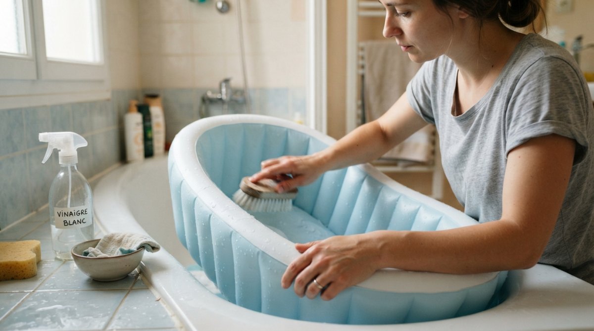 Mains d'un parent appliquant du vinaigre blanc sur une baignoire gonflable bébé avec une brosse souple, montrant la technique de nettoyage en détail dans une salle de bain bien éclairée