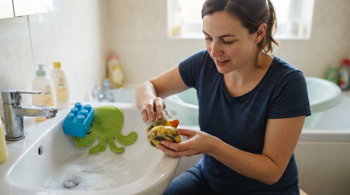 Gros plan de trois jouets de bain (canard en caoutchouc, bloc en plastique rigide, tapis en silicone) montrant les différences de texture et de matériau, avec des zones de moisissure visible sur le canard pour illustration du contraste