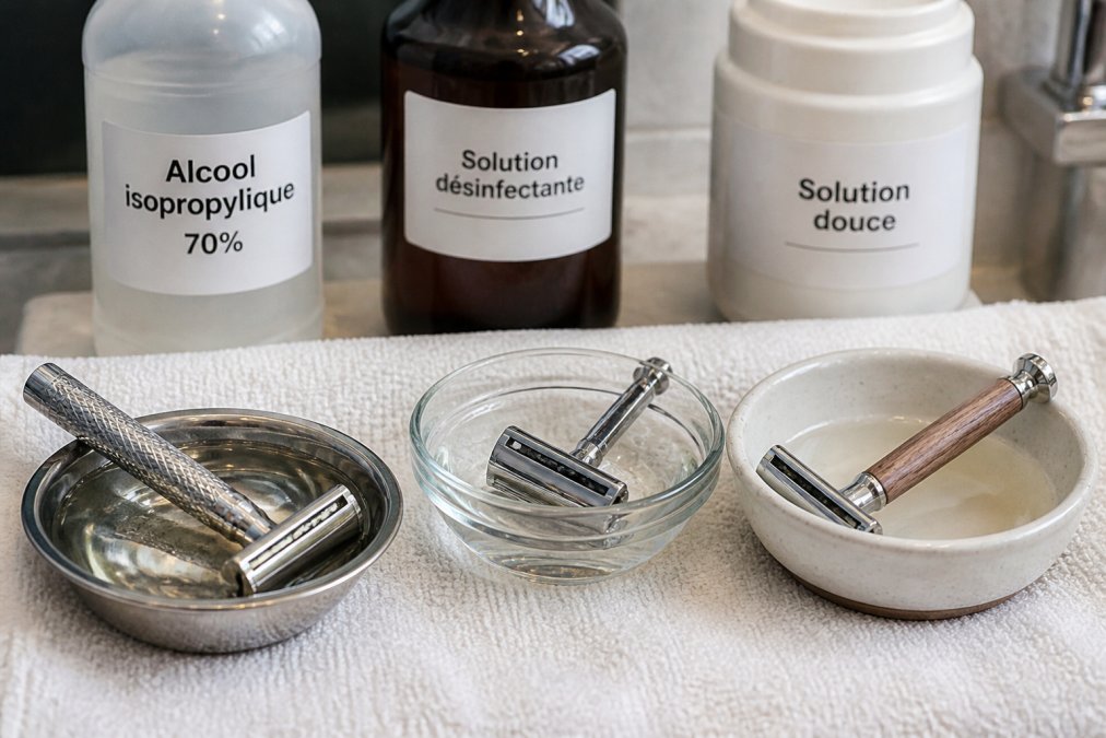 Close-up of different razor materials (stainless steel, chrome, wooden handle) being treated with appropriate disinfectants, showing the contrast between methods