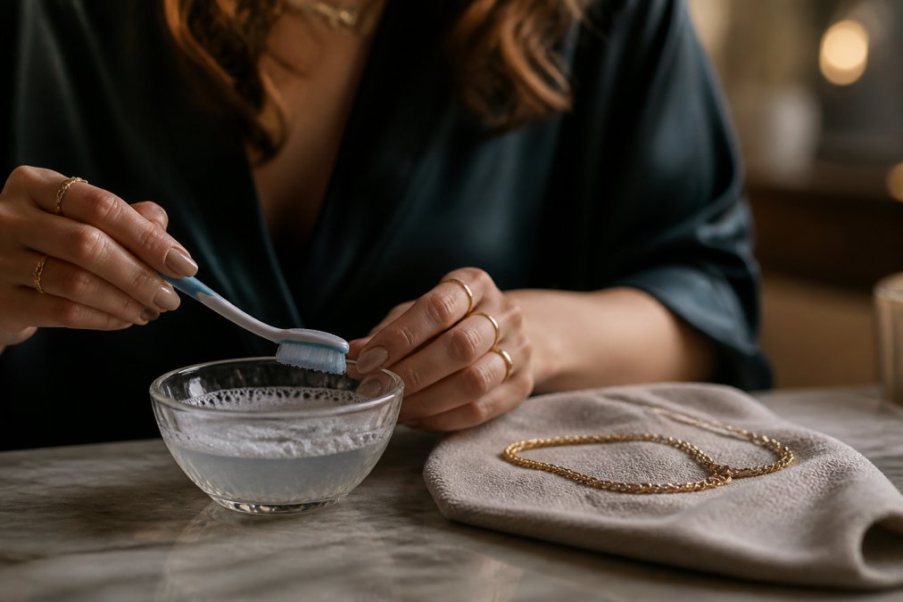 Primo piano di mani femminili che tengono uno spazzolino da denti morbido sopra una piccola ciotola di acqua tiepida saponata, con una delicata collana dorata appoggiata accanto su un panno in microfibra, luce naturale soffusa