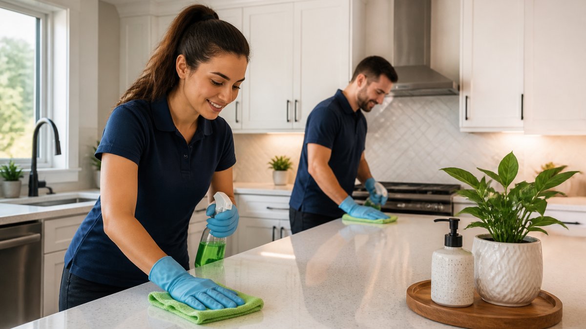 Une équipe de deux professionnels de l'entretien nettoyant une cuisine résidentielle lumineuse avec des produits écologiques, portant des uniformes propres et utilisant des chiffons en microfibre