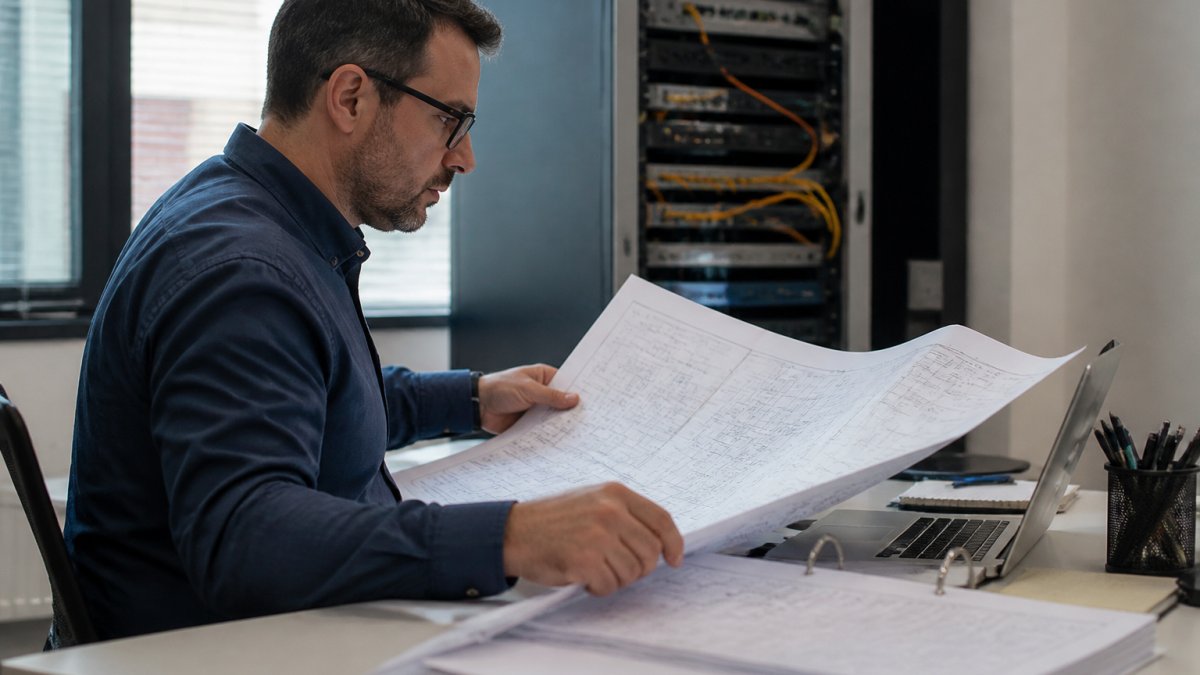 Professional IT technician reviewing network architecture blueprints and documentation at a modern desk with multiple monitors displaying network topology diagrams and system architecture